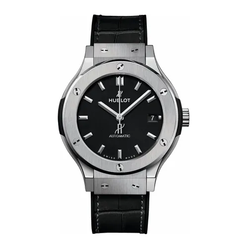 Montre CLASSIC FUSION TITANIUM Bracelet caoutchouc et alligator noir, Boucle déployante acier, Cadran noir mat - HUBLOT