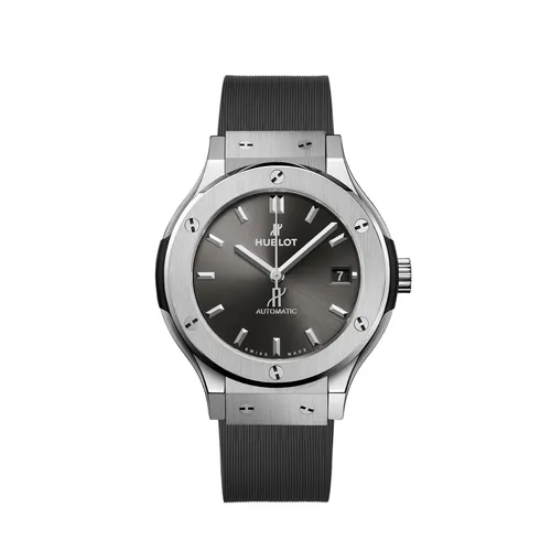 Montre CLASSIC FUSION RACING GREY TITANIUM Bracelet caoutchouc ligné gris, Boucle déployante acier, Cadran soleillé gris - HUBLOT