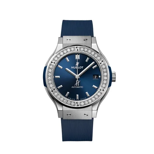 Montre CLASSIC FUSION TITANIUM BLUE DIAMONDS Bracelet caoutchouc ligné bleu, Boucle déployante en acier, Cadran soleillé bleu satiné - HUBLOT