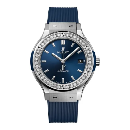 Montre CLASSIC FUSION TITANIUM BLUE DIAMONDS Bracelet caoutchouc ligné bleu, Boucle déployante en acier, Cadran soleillé bleu satiné - HUBLOT