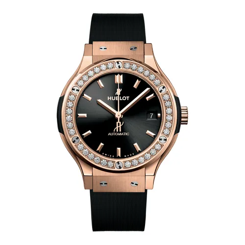 Montre CLASSIC FUSION KING GOLD lunette diamants Bracelet caoutchouc ligné noir, Boucle déployante en King Gold et acier fin traité PVD noir, Cadran noir mat - HUBLOT
