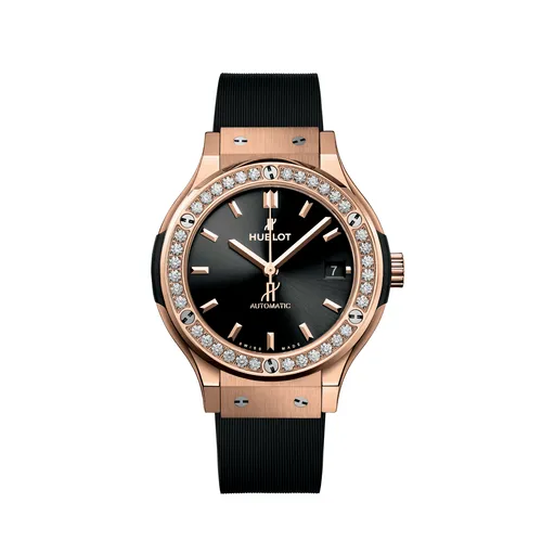 Montre CLASSIC FUSION KING GOLD lunette diamants Bracelet caoutchouc ligné noir, Boucle déployante en King Gold et acier fin traité PVD noir, Cadran noir mat - HUBLOT