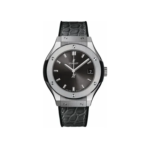 Montre CLASSIC FUSION TITANIUM RACING GREY Bracelet caoutchouc noir et alligator gris, Boucle déployante acier, Cadran soleillé gris satiné, Mouvement quartz - HUBLOT