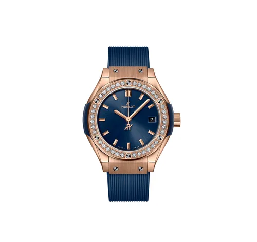 Montre CLASSIC FUSION KING GOLD BLUE DIAMONDS Bracelet caoutchouc ligné, Boucle déployante en King Gold, Cadran soleillé bleu satiné - HUBLOT