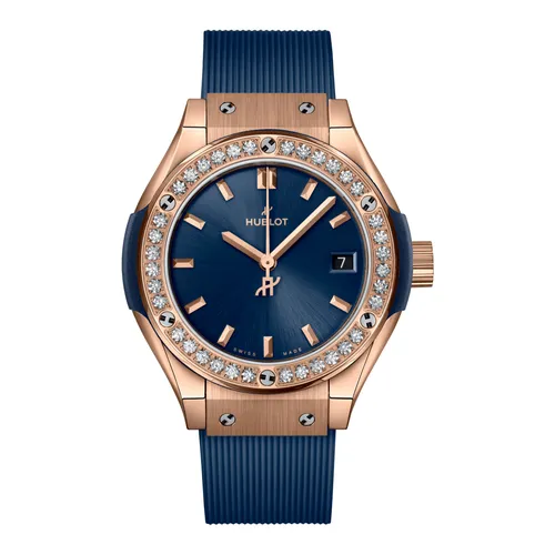 Montre CLASSIC FUSION KING GOLD BLUE DIAMONDS Bracelet caoutchouc ligné, Boucle déployante en King Gold, Cadran soleillé bleu satiné - HUBLOT