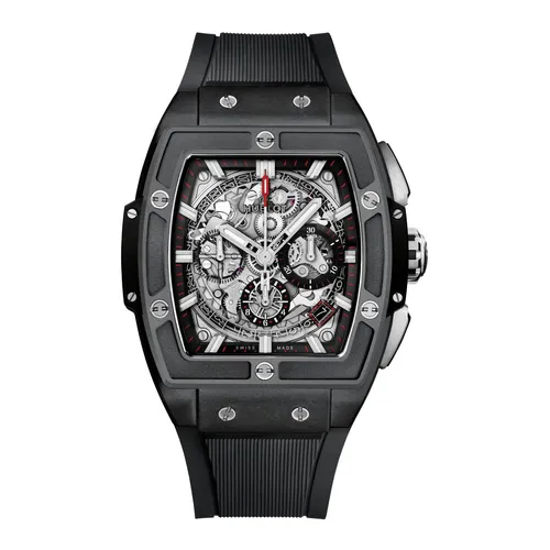 Montre SPIRIT OF BIG BANG BLACK MAGIC Bracelet en caoutchouc structuré et ligné noir, Boucle déployante titane plaqué noir, Cadran en saphir - HUBLOT