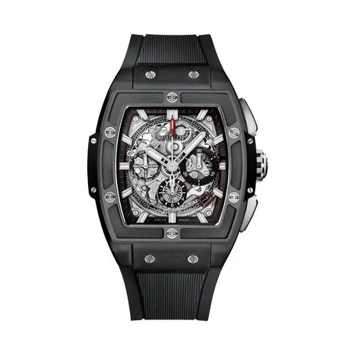 Montre SPIRIT OF BIG BANG BLACK MAGIC Bracelet en caoutchouc structuré et ligné noir, Boucle déployante titane plaqué noir, Cadran en saphir - HUBLOT