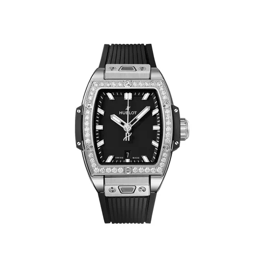 Montre SPIRIT OF BIG BANG STEEL DIAMONDS Bracelet caoutchouc structuré et ligné noir, Boucle déployante, Cadran noir mat - HUBLOT
