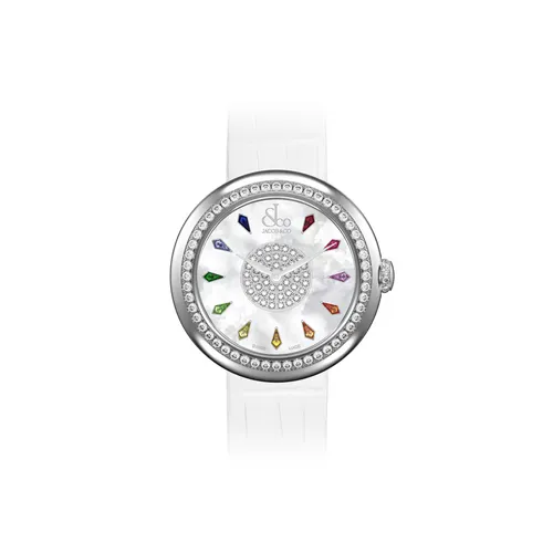 Montre BRILLANT ONE ROW RAINBOW SAPPHIRES, Bracelet alligator blanc, Boucle ardillon, Cadran nacre blanche 11 saphirs rainbow et 45 brillants - JACOB & CO