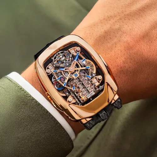 Montre BUGATTI CHIRON V2 n°27/72, Bracelet caoutchouc noir, Boucle déployante or rose, Cadran or rose dans boitier saphir transparent - JACOB & CO