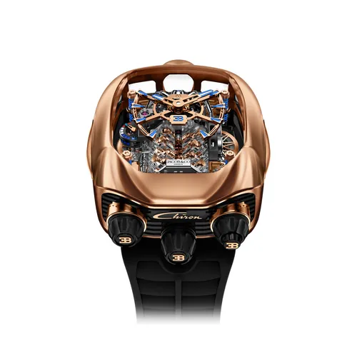Montre BUGATTI CHIRON V2 n°27/72, Bracelet caoutchouc noir, Boucle déployante or rose, Cadran or rose dans boitier saphir transparent - JACOB & CO