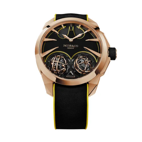 Montre GOTHAM CITY Double Tourbillon n°12/36, Bracelets caoutchouc motif cordura, Boucle déployante or rose, Cadran Batman noir - JACOB & CO