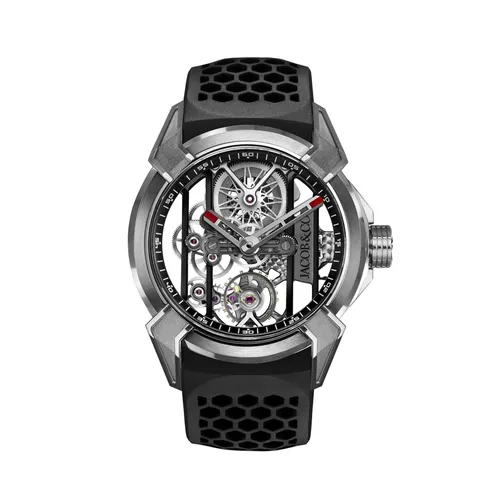 Montre EPIC X TITANIUM RED, Bracelet caoutchouc rouge, Boucle en titane, Cadran squelettepvd noir, Cadran squelette - JACOB & CO