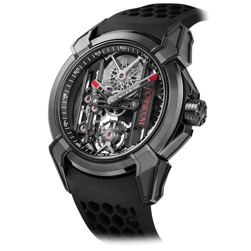 Montre EPIC X BLACK TITANIUM, Bracelet caoutchouc noir, Boucle pvd noir, Cadran squelette - JACOB & CO