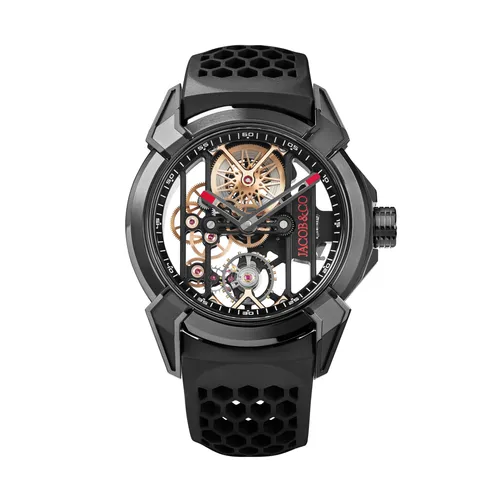 Montre EPIC X BLACK TITANIUM BLACK RING Bracelet caoutchouc noir, Boucle pvd noir, Cadran squelette - JACOB & CO