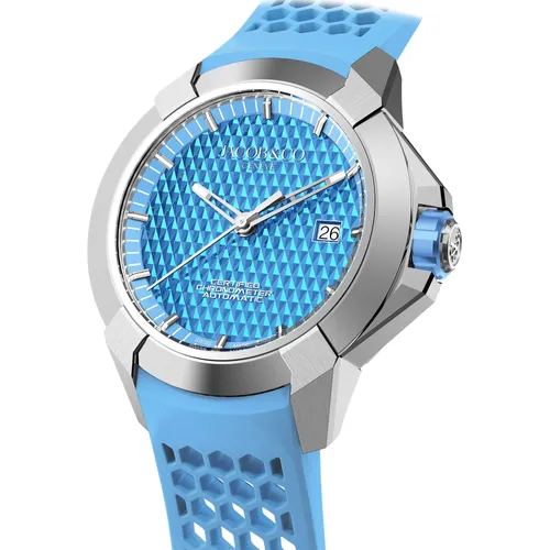 Montre EPIC X SPORT Electric blue, Bracelet caoutchouc nid d'abeille bleu clair, Boucle ardillon en acier, Cadran bleu clair motif diamant - JACOB & CO
