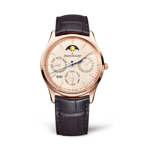 Montre MASTER ULTRA THIN Perpetual Bracelet alligator brun, Boucle ardillon or rose, Cadran beige coquille d' oeuf - JAEGER-LECOULTRE