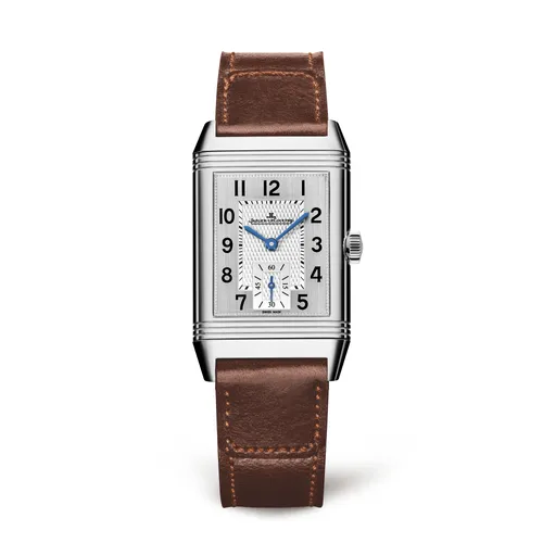 Montre REVERSO CLASSIC Medium Duoface Small Second Bracelet cuir brun Fagliano, Boucle déployante, Cadrans argenté guilloché brossé vertical et noir satiné et Clous de Paris - JAEGER-LECOULTRE