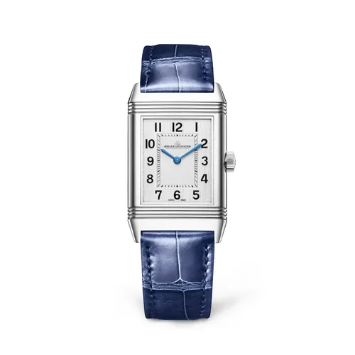 Montre REVERSO CLASSIC Medium Thin Quartz Bracelet alligator bleu, Boucle ardillon, Cadran argenté - JAEGER-LECOULTRE