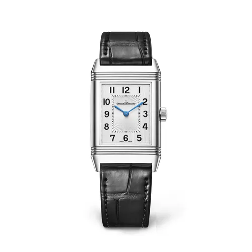 Montre REVERSO CLASSIC Medium Thin Bracelet alligator noir, Boucle déployante, Cadran argenté satiné vertical et guilloché - JAEGER-LECOULTRE