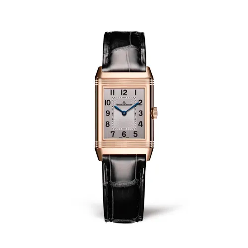 Montre REVERSO CLASSIC Small Duetto Bracelet alligator noir, Boucle déployante, Cadrans argenté guilloché et noir guilloché et soleillé - JAEGER-LECOULTRE