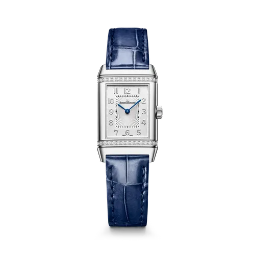Montre REVERSO CLASSIC Small Duetto, Bracelet alligator bleu, Boucle déployante, Cadrans argenté guilloché, satiné vertical et bleu guilloché et soléillé - JAEGER-LECOULTRE