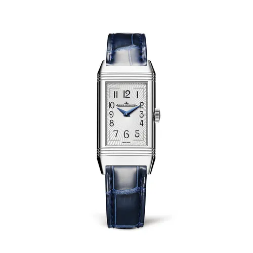 Montre REVERSO ONE Duetto Moon Bracelet crocodile bleu brillant, Boucle déployante, Cadrans argenté guilloché soleillé et bleu nuit pailleté - JAEGER-LECOULTRE
