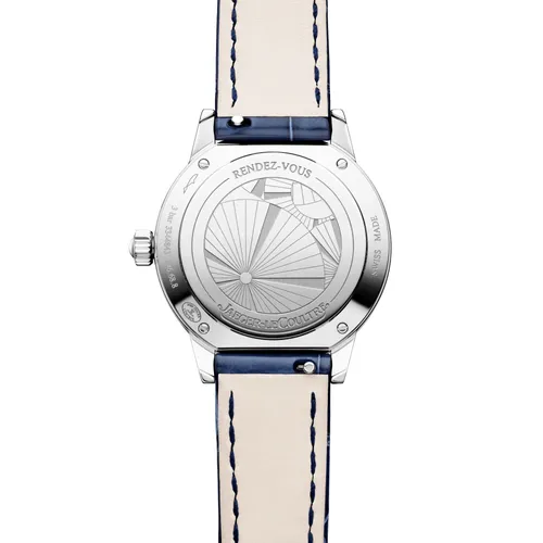 Montre RENDEZ-VOUS Date Small Quartz lunette sertie diamants, Bracelet alligator bleu, Boucle ardillon, Cadran argenté guilloché - JAEGER-LECOULTRE