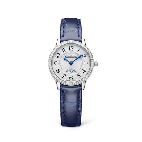 Montre RENDEZ-VOUS Date Small Quartz lunette sertie diamants, Bracelet alligator bleu, Boucle ardillon, Cadran argenté guilloché - JAEGER-LECOULTRE