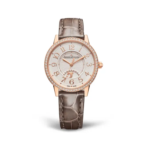 Montre RENDEZ-VOUS Night &amp; Day Medium Bracelet alligator taupe, Boucle déployante or rose, Cadran argenté guilloché chiffres appliqués or rose - JAEGER-LECOULTRE