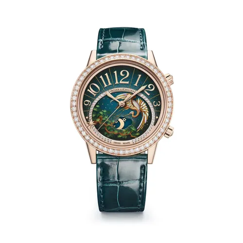 Montre RENDEZ-VOUS SONATINA "La Grue" sertie de diamants n°10/10, Bracelet alligator vert, Boucle déployante or rose, Cadran décoré La Grue - JAEGER-LECOULTRE