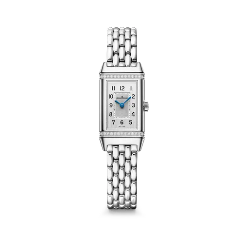 Montre REVERSO CLASSIC "Origin" sertie diamants, Bracelet acier "grain de riz", Cadran argenté guilloché et brossé vertical - JAEGER-LECOULTRE