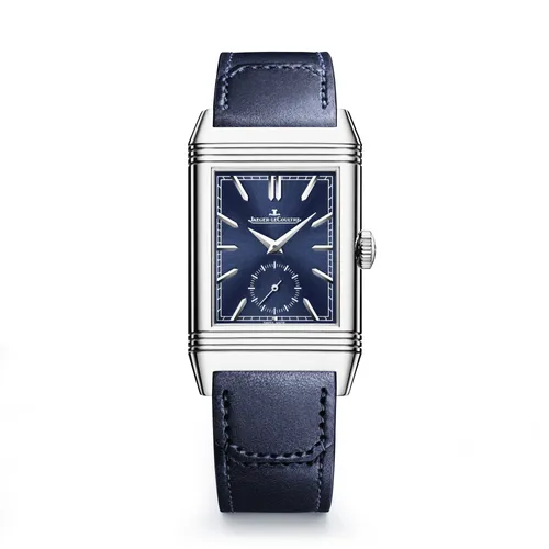 Montre REVERSO TRIBUTE Duoface Bracelet veau bleu Fagliano, Boucle déployante, Cadrans bleu soleillé et argent guilloché Clous de Paris et velouté - JAEGER-LECOULTRE