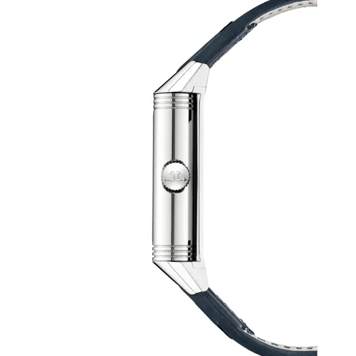 Montre REVERSO TRIBUTE Duoface Bracelet veau bleu Fagliano, Boucle déployante, Cadrans bleu soleillé et argent guilloché Clous de Paris et velouté - JAEGER-LECOULTRE