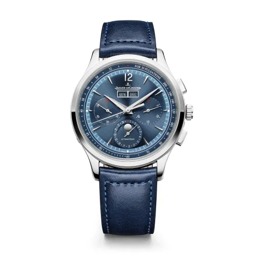Montre MASTER CONTROL Chronograph Calendar, Bracelet veau bleu, Boucle déployante, Cadran bleu soleillé chiffres et index rhodiés polis - JAEGER-LECOULTRE