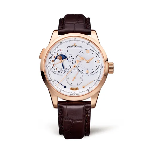 Montre DUOMETRE A QUANTIEME LUNAIRE Bracelet alligator marron foncé, Boucle déployante or rose, Cadran argenté grainé - JAEGER-LECOULTRE