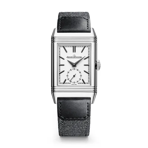 Montre REVERSO TRIBUTE Small Seconds, Bracelet veau noir Fagliano, Boucle déployante, Cadran opalin index et aiguilles noirs - JAEGER-LECOULTRE