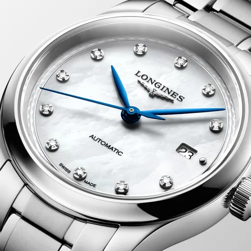 Montre LONGINES MASTER COLLECTION, Bracelet acier, Cadran nacre blanche index diamants - LONGINES