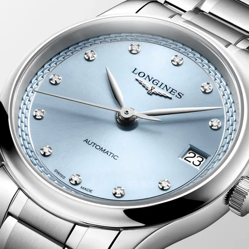 Montre LONGINES MASTER COLLECTION, Bracelet acier, Cadran bleu givré index diamants - LONGINES