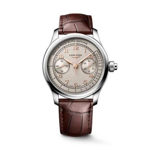 Montre LONGINES MASTER COLLECTION Chrono Monopusher Mécanique, Bracelet alligator brun, Boucle déployante, Cadran ivoire grain d'orge - LONGINES