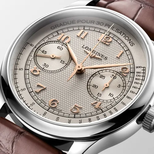 Montre LONGINES MASTER COLLECTION Chrono Monopusher Mécanique, Bracelet alligator brun, Boucle déployante, Cadran ivoire grain d'orge - LONGINES