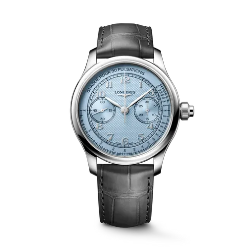 Montre LONGINES MASTER COLLECTION Chrono Monopusher Mécanique, Bracelet alligator anthracite, Boucle déployante, Cadran bleu givré grain d'orge - LONGINES