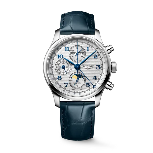 Montre LONGINES MASTER COLLECTION Chrono Moonphase, Bracelet alligator bleu, Boucle déployante, Cadran argenté "grain d'orge" - LONGINES