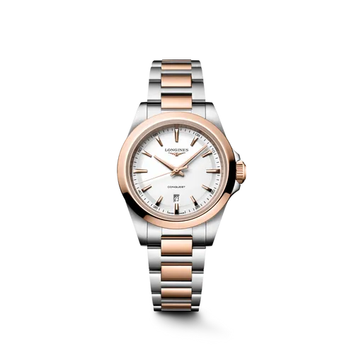 Montre CONQUEST acier et PVD rose, Bracelet acier et PVD rose, Cadran blanc sablé aiguilles roses - LONGINES