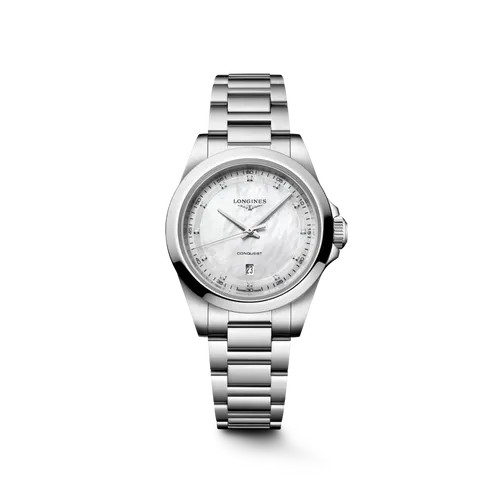 Montre CONQUEST Quartz, Bracelet acier, Cadran nacre blanche index diamants - LONGINES