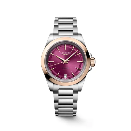 Montre CONQUEST lunette coiffée or rose, Bracelet acier, Cadran violet soleillé - LONGINES