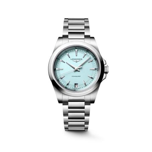 Montre CONQUEST Quartz, Bracelet acier, Cadran bleu menthe sablé index - LONGINES