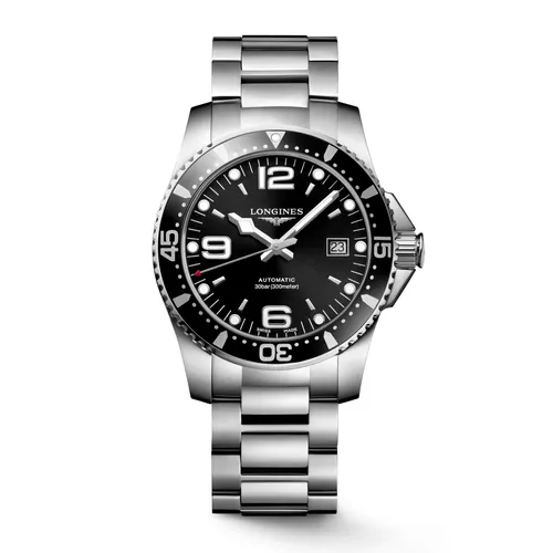 Montre HYDROCONQUEST lunette noire, Bracelet acier, cadran noir soleillé - LONGINES