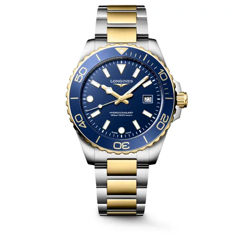 Montre HYDROCONQUEST bicolore lunette céramique bleue, Bracelet acier et PVD jaune, Cadran bleu sablé - LONGINES