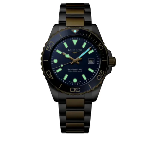 Montre HYDROCONQUEST bicolore lunette céramique bleue, Bracelet acier et PVD jaune, Cadran bleu sablé - LONGINES